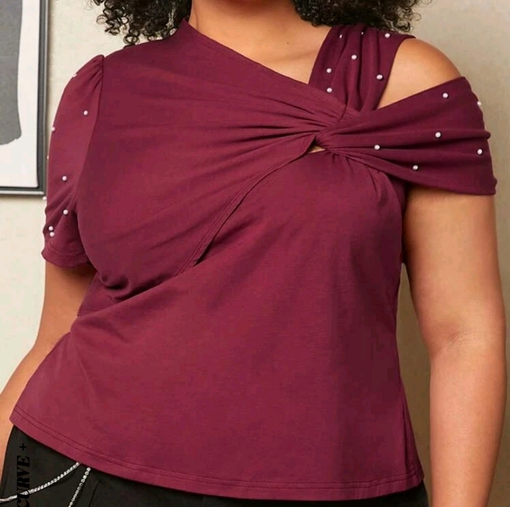 MAKE AN OFFER! Pearls Beaded Twist Front Asymmetrical Neck Tee